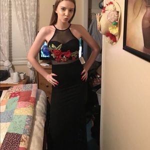 Black and red rose embroidered prom dress